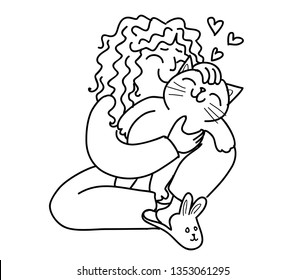 Cute girl hugging her pet. Cat loves to cuddle. Huggs for cat. Pet in doodle cartoon style