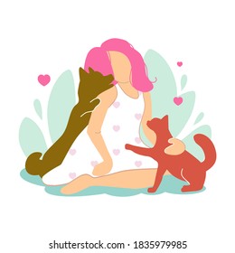 Cute girl hugging and love their pets, cat and a dog. Best friends. Home animals in hug and petting. Vector illustration isolated on white  background. Design for sites, banners, cards, posters.
