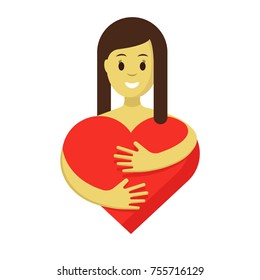 Cute girl hugging red heart, flat vector illustration