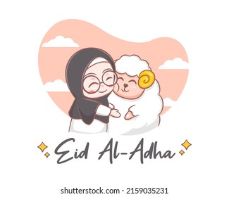 A cute girl hugging a sheep in eid al adha cartoon illustration