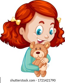 Cute girl hugging teddy bear on white background illustration