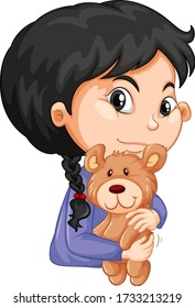 Muchacha linda abrazando oso de peluche con ilustración de fondo blanco