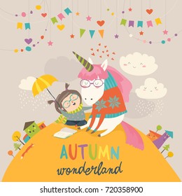 Cute girl hugging unicorn. Autumn wonderland