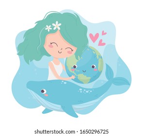 cute girl hugging world whale love hearts environment ecology vector illustration