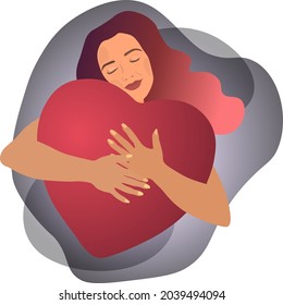 A cute girl hugs a big heart with her hands. The concept of love and self-care.