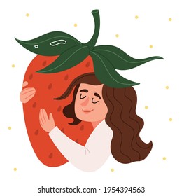 Cute girl hugs a big strawberry.Girl loves berries, fruits and healthy food. Peaceful and friendly illustration in a summer mood.Illustration for children's book.Simple Hand drawn illustration.