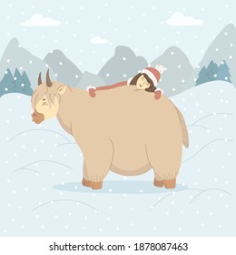 Cute girl hugs a bull while it snow on winter mountains background. Winter outdoor new year vector illustration.