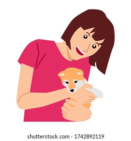 Cute girl hugs a dog. Vector flat illustration