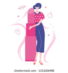 Cute girl hugs giant lipstick. Beauty and makeup. Vector illustration in pink colors.