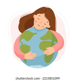 A cute girl hugs the globe with her hands. A woman loves the world. Earth Day. Peace. Vector flat illustration.