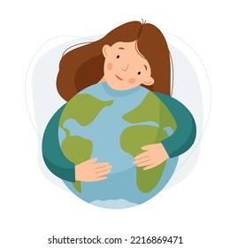 A cute girl hugs the globe with her hands. A woman loves the world. Earth Day. Peace. Vector flat illustration.