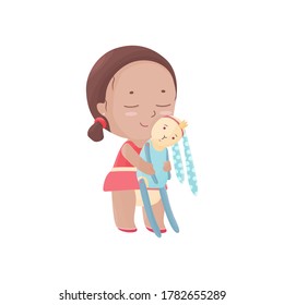 Cute girl hugs her stitched rabbit toy. Happy kid in pink dress holds a soft toy. Flat vector. Cartoon design.