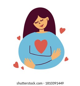 Cute girl hugs herself. Self care, love yourself icon, body positive illustration. Happy woman and red heart shape inside. Slow life, wellness, me time, acceptance concept. Valentines vector postcard