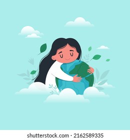 Cute girl hugs planet Earth with love and care. The concept of love, care and keeping the Earth healthy. Vector eco illustration of Earth day and saving planet. Save our planet