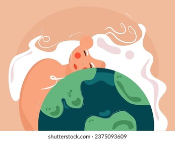 Cute Girl umarmt den Planeten Erde mit Liebe und Fürsorge. Das Konzept der Liebe, Pflege und Gesundheit der Erde. Vektoröko-Illustration des Earth Day und Rettung des Planeten. Rettet unseren Planeten.