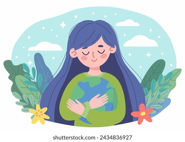 Cute girl hugs the planet. Vector illustration for earth day and other environmental concepts. Template for card, poster, banner and web. Save the planet, cartoon flat style illustration.