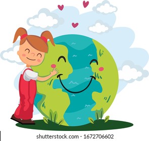 Cute girl hugs the planet. We must love the earth.