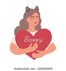 Cute girl hugs a red heart with the inscription Sorry. apologetic characters. vector illustration