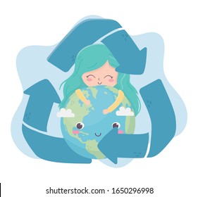 cute girl hugs world recycle sign environment ecology vector illustration