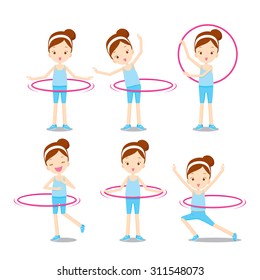 Cute girl with hula hoop twirling on her body actions set, nutrition, medicine, mental and physical health, sport, daily routine