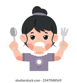 Cute girl hungry holding fork and spoon