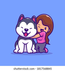 Cute Girl With Husky Dog Cartoon Vector Icon Illustration. People Animal Icon Concept Isolated Premium Vector. Flat Cartoon Style.