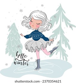 Cute girl ice skating, vector illustration, hello winter, Merry Christmas and Happy New Year.