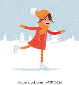 Cute Girl Ice Skating In Winter Snowy Landscape. Vector Quality Character Design On Winter Holidays Season Break Outdoors Recreation And Activities For Kids