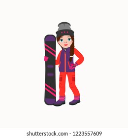 Cute girl  icon in winter clothes with snowboarding.  Elements for ski resort picture, mountain activities, vector illustration.