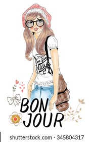 cute girl illustration and for apparel