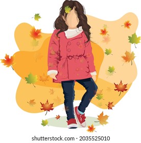 Cute girl illustration with Autumn leaves flat Fall design