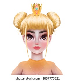 Cute girl illustration. Beautiful face for young teen. Female smile face. Funny little lady. Trendy avatar for your blog. Cartoon portrait. Colorful design. Baby girl