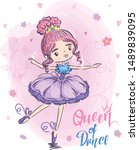 Cute girl illustration. Dancing cutie ballerina in pink tutu dress, pointe shoes, crown on hat and the words Queen of dance. Girlish t shirt design 