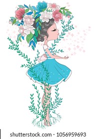 Cute girl illustration in flowers.