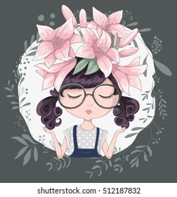 Cute girl illustration in flowers.