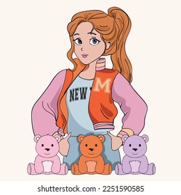 cute girl illustration with her teddies. t-shirt graphic design. character design. children fashion trend