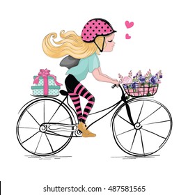 Cute girl illustration riding bicycle