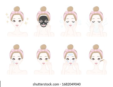 Cute girl illustration sets of self skin care procedures. Digitally hand drawn vector arts collection.