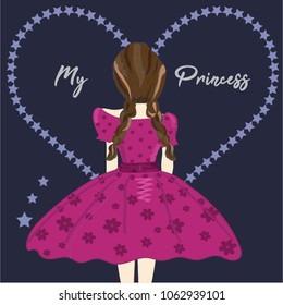 Cute girl illustration, vector girl,back of girl  flowers, romantic.print, fashion, children book, garden, butterfly, polka dot background, t-shirt princess star background floral dress