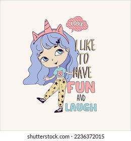 cute girl illustration vector graphic design like to have fun laugh cartoon print children kids kid fashion trend girl boy fun woman lady character baby