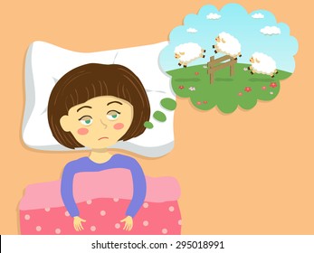 A cute girl imagine about counting sheep in the field  to make him sleep