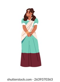 Cute girl of Indian nationality is wearing traditional clothes. Happy woman of South Asian descent in ethnic bridal dress. Lady from India in wedding sari. Flat isolated vector illustration on white.