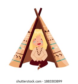 Cute Girl with Indian War Paint on Her Face and Ethnic Costume Sitting in Wigwam Vector Illustration