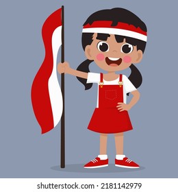 Cute girl indonesia independence day mascot with the national flag