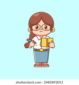 Cute girl Indonesian senior high school takes note kawaii chibi character mascot illustration set