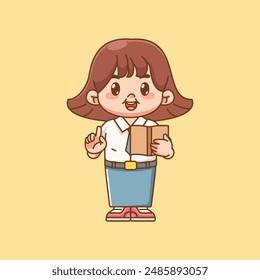 Cute girl Indonesian senior high school take notes kawaii chibi character mascot illustration set
