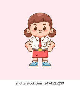 Cute girl Indonesian student elementary school standing pose kawaii chibi character mascot illustration  set