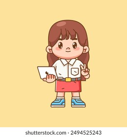 Cute girl Indonesian student elementary school hold laptop kawaii chibi character mascot illustration set