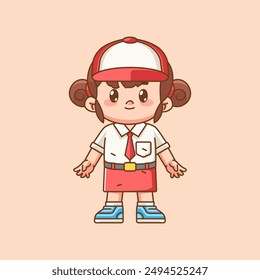 Cute girl Indonesian student elementary school standing kawaii chibi character mascot illustration set