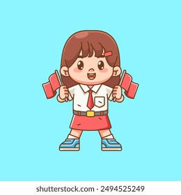 Cute girl Indonesian student elementary school cheer hold two flag kawaii chibi character mascot illustration set